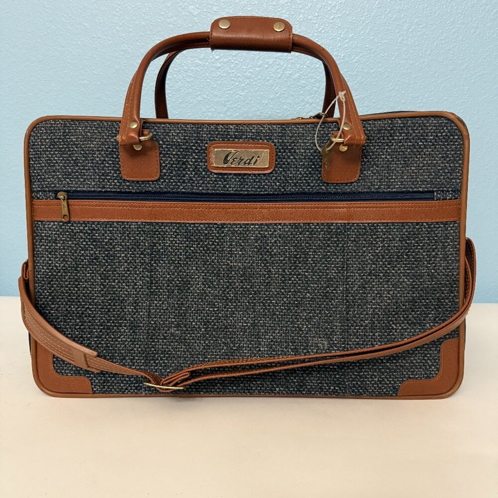 Vintage Verdi Blue Tweed Carry On Travel Bag 2 Locks Keys Detachable Strap